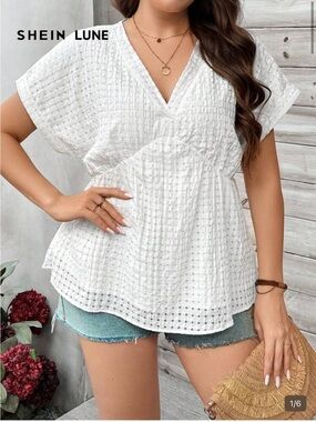 SHEIN LUNE White V-Neck Textured Peasant Top size 1X